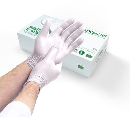 VENSALUD | Gants NITRILE jetables | Sans poussière | Résistant | Pour laboratoires, sanitaires, cuisine, studios de tatouage, vétérinaire, nettoyage | Sans latex | Pack 100 pcs. | Blanc | Taille XS