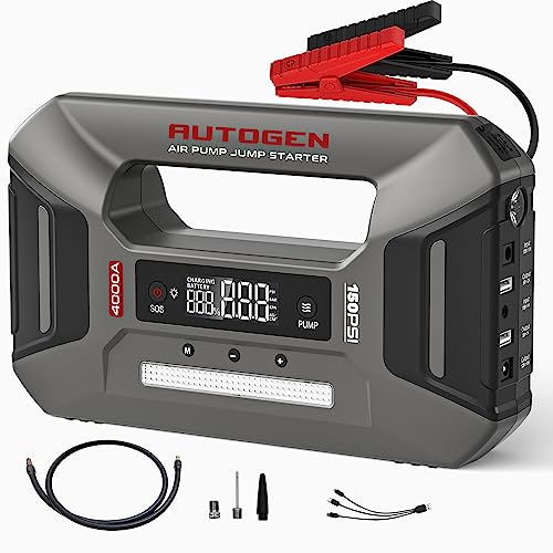 AUTOGEN 4000A Starthilfe-Powerbank, 12V Tragbarer Autobatterie-Booster mit Luftkompressor, 27000mAh Kapazität, mit Zwei USB Ausgängen und LCD Display,(10L Diesel & 10L Benzin)