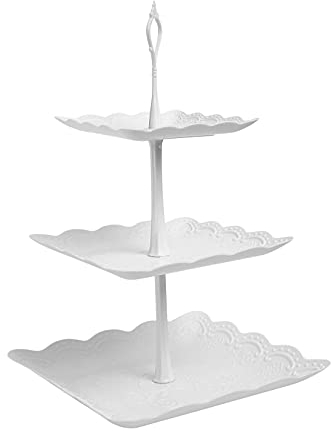 3 Tiers Cake Display Stand, White Afternoon Tea Stands, Plastic Square Cup Cake Fruit Dessert Party Server Plates Stands, Reusable Food Serving Platter Stand for Birthday, Wedding, Party