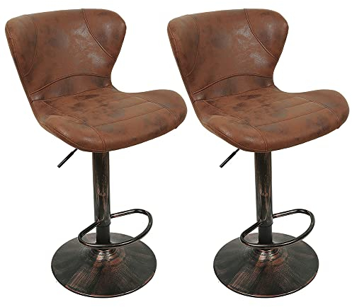THINFAR Barhocker, Vintage, 2 Stück, industrieller Barhocker aus Kunstleder, höhenverstellbar und 360° drehbar, Barstuhl mit Fußstütze und Rückenlehne (braun)