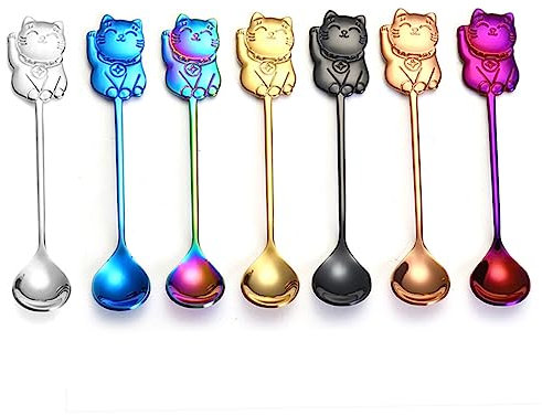 PRETYZOOM 304 Stainless Steel Charming Cat Dessert Spoon Mixing Spoon Food Grade Rust Free Mirror Polished Comfortable Grip for Coffee Tea Blue