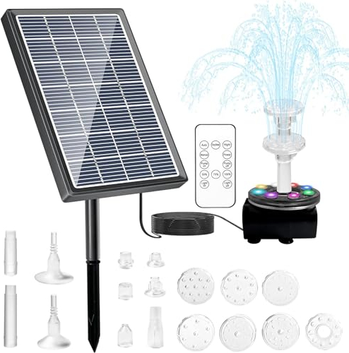 7W Solar Springbrunnen mit Fernsteuerung, Solarbrunnen Doppelbrunnen, Solar Teichpumpe Wasserpumpe Eingebaute 3000mAh Batterie, Solar Schwimmender Fontäne Pumpe mit 10 Fontänenstile für Garten