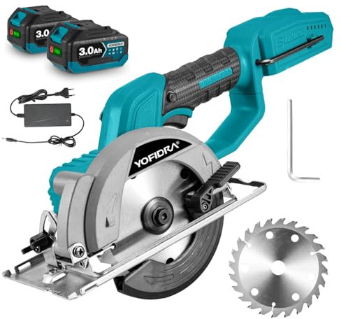 Yofidra 140mm Cordless Circular Saw, 12000 RPM Electric Circular Saw, 51mm Cutting Depth, 45° Adjustable Bevel Cutting, with 2X 3.0Ah Batteries & Charger