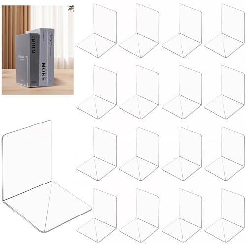 16 Pcs Acrylic Bookends, Book Ends Clear Acrylic Bookends for Shelves, Transparent Bookend Organizer, Book Holder Stand Decorative, Book Stoppers for Heavy Duty Books, CD, File, Video Games
