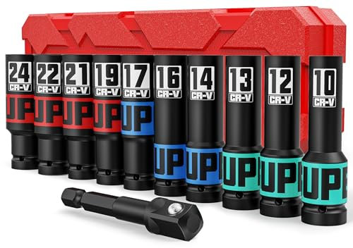 Aurlloct 11 Piezas Juego de Llaves de Vaso de Impacto 1/2, 10-24 mm Vasos de Impacto Largo con 1/4 a 1/2 Adaptador de Dado, Herramientas para Reparación de Automóviles y Mantenimiento Mecánico