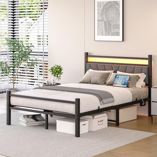 FOUBAM Polsterbett Bettrahmen 120x200cm mit Ladestation und LED-Beleuchtung, Robustes Metallbett mit Kopfteil,Modern Gästebett Jugendbett Bettgestell,Bett 120x200cm mit Lattenrost, Schwarz
