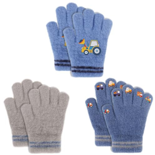 QKURT 3 Paar Kinderhandschuhe für kaltes Wetter, elastische Vollfinger-Handschuhe, elastische Winter-Thermofäustlinge, warme Strickfäustlinge mit Streifenmuster für Jungen und Mädchen von 1–5 Jahren