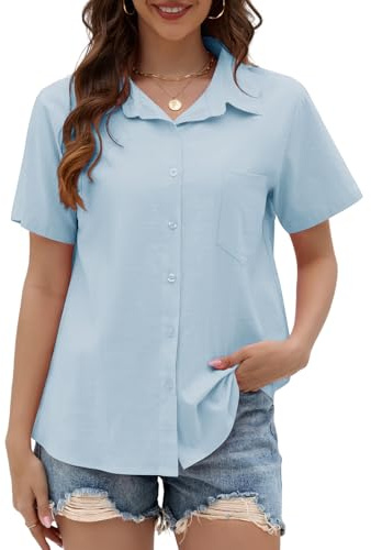 Yuson Girl Chemisier Femme Manche Courte Blouse Été en Lin Coton Chemise Col en V Boutonnée Hauts Couleur Unie Élégantes Chemiser Tops Décontracté Ample Tunique T-Shirt(Bleu Clair, XL)