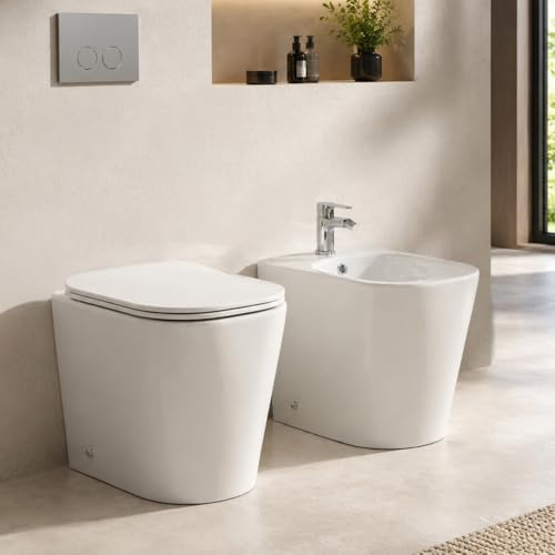 Sanitari Filo Muro 48 Cm Salvaspazio Con Wc E Bidet Linea Atami, Set Con Scarico A Terra Tornado Rimless E Sedile Soft Close, Ceramica Bianco Lucido