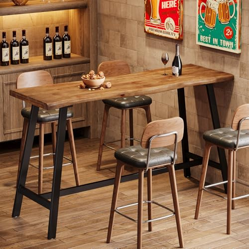 TRIBEWOOD Solid Wood Bar Table, 55-Inch Counter Height Pub Table with Sturdy Metal Frame, Industrial Narrow Bar Table for Pub Kitchen Living Room, Rustic Brown