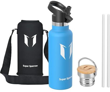 Super Sparrow Stainless Steel Water Bottle Kids - 500ml - Insulated Metal Water Bottles - Standard Mouth Flask - BPA Free - Straw Bottle for Work, Gym, Sports - 2 Lids
