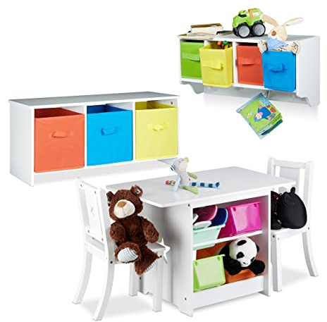 Relaxdays 5x Mobili per la Cameretta, Tavolino con 2 Sedie, Cassapanca con 3 Box, Mensola con 4 Cestini Portaoggetti, Bianco