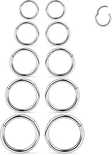 SCERRING 10PCS 16G Stainless Steel Hinged Clicker Segment Septum Nose Lip Ring Hoop Nipple Cartilage Tragus Sleeper Earrings Body Piercing Jewelry 8mm 10mm 12mm 14mm 16mm Silver