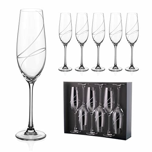 DIAMANTE Champagne Flutes Prosecco Glasses with 'Aurora’ Hand Cut Design - Set of 6 in a Gift Box