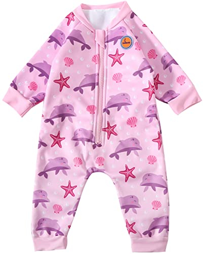 Swimbubs Baby Schwimmen Warmer Anzug Jungen Fleece Gefütterter Neoprenanzug Mädchen UV UPF50 Sonnenschutz Badeanzug (6-12 Monate, Pink Dolphin)
