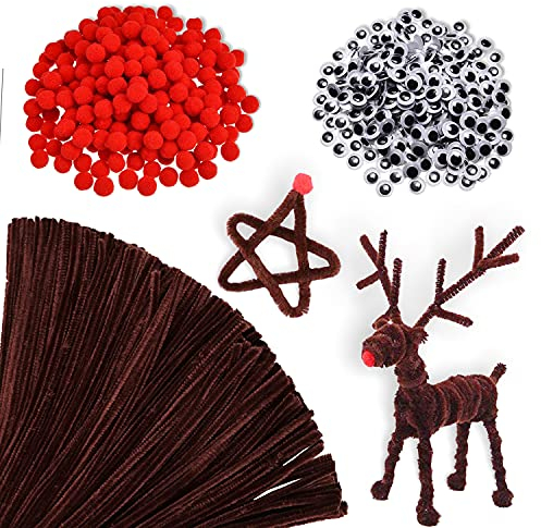 940 Stück Pfeifenreiniger Braun zum Basteln, 200 Stück Pfeifenputzer Chenille Draht, 350 Stück Rote Pom Poms, 350 Stück Wackelaugen Selbstklebend für Deko und Weihnachten Rentieren Bastelzubehör