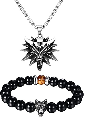 Flongo Collar para hombre con colgante de cabeza de lobo: Collar tribal vintage de acero inoxidable para motociclistas, collar de 22 pulgadas, Cuero Acero inoxidable Plata, Ágata