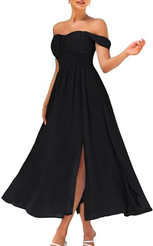GRACE KARIN Summer Black Dress for Women 2026,Off the Shoulder Smocked Bridesmaid Dresses,Formal Baby Shower Maxi Dresses L