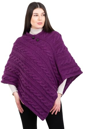 ARAN ISLE Ladies Irish Aran Cable Knit Buttoned Poncho- 100% Virgin Wool (US, Alpha, Small, Medium, Regular, Regular, Purple Liliac)