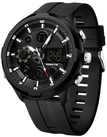RORIOS Men's Dual Display Sport Digital Quartz Wristwatch Analog Quartz Wrist Watch Fashion Multifunctional Watch Electronic Waterproof Watch Silicone Strap Black