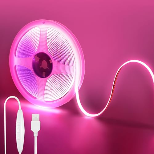 Clearhill 5V USB COB LED Strip Lights with Dimmable Switch,16.4FT/5M,Pink,320LEDs/M,8mm Width,Not,1.5M USB Switch Cable,for DIY Home Indoor Decoration
