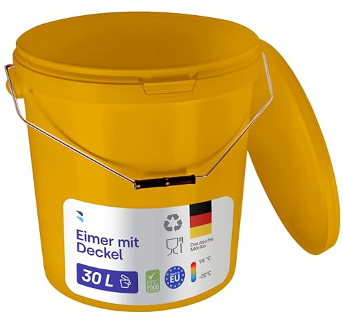 BenBow Bucket with Lid, 30l, Yellow, 1 x 30 Litres - Food-safe stable airtight leak-proof odourless - plastic storage container with metal handle - crack-resistant handle - empty - perfect for home