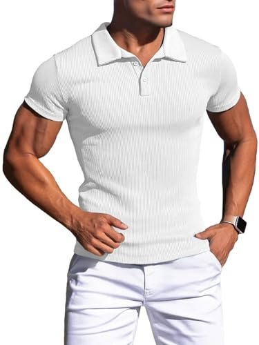 Agilelin Men's Muscle Slim Fit Polo Shirts Short Sleeve Stretch T-Shirts Casual Stylish Tee for Golf Workout(White/XS)