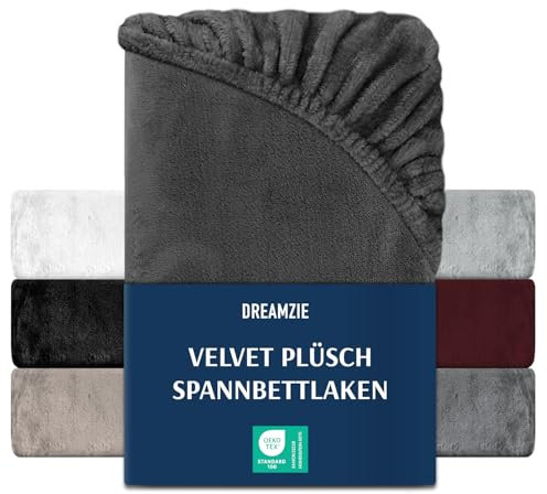 DREAMZIE Premium Frottee Spannbettlaken 140 x 200-160 x 200, Cashmere-Touch Bettlaken Jersey Fleece Spannbetttuch Laken, Dunkelgrau