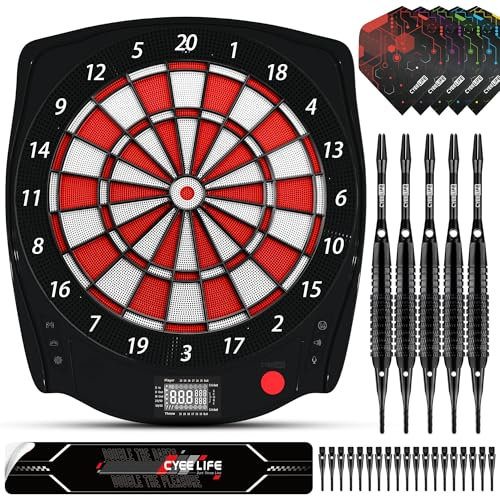 CyeeLife Elektronische Softdartscheibe Dartboard, Dartspiel mit 12 Darts und Zubehör Set, 34 Spiele 350 Varianten für 1 bis 8 Spieler, 8 Soundstufen, Mehrsprachig - Keine Datenleitung enthalten！