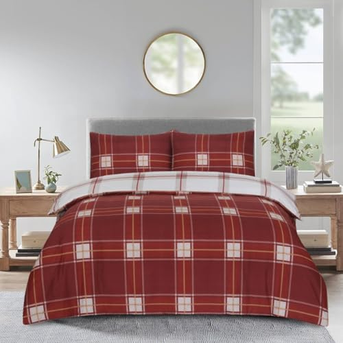 PRIME LINENS Duvet Cover Set 4 Pcs Brushed Microfibre Quilt Cover Bedding Set With Pillow Cases and Extra Fitted Sheet Included (Plaid Check Red, Super King)