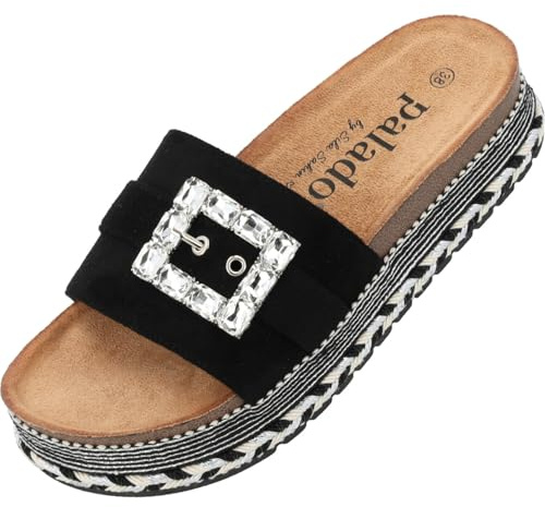 Palado Pantoletten Damen Inarona by Sila Sahin - bequeme Sandalen mit Plateau-Sohle - Hausschuhe mit Glitzerschnalle - modische Sommerschuhe Schwarz UK6 - EU39