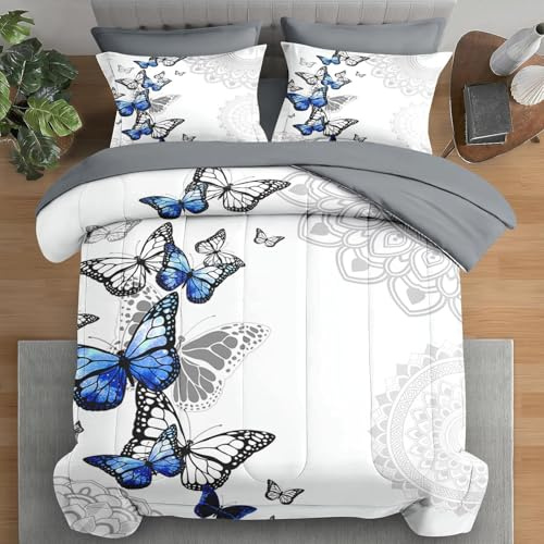 Pamnest Comforter Set Queen Size, Summer Spring Blue Butterfly 7 Pcs Bedding for Kids and Adults, Abstract Mandala Floral Bed Sheet Sets with Fitted Sheet 2 Pillowcases & 2 Shams for Bedroom Bed Decor