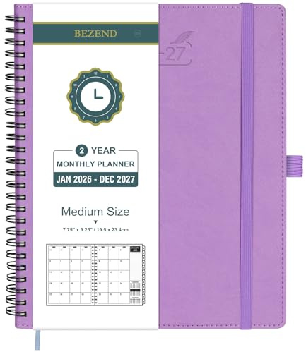 BEZEND Month to View Diary 2026-2027 with Notes (Jan 26 - Dec 27), Monthly Planner 23.4 x 19.6cm - 120 GSM Thick Paper, 2 Year Spiral Calendar with Tabs & Storage Pockets, Soft Cover, Lavender