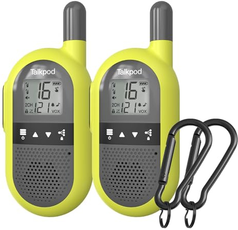 Talkpod Outdoor Sport Walkie Talkie Kinder & Erwachsene 2er-Set - Leicht, Wiederaufladbar - 3 km Reichweite, bis zu 16 Kanäle - Beleuchtetes Display, rutschfest - Mit Gürtelclips - Leuchtgrün