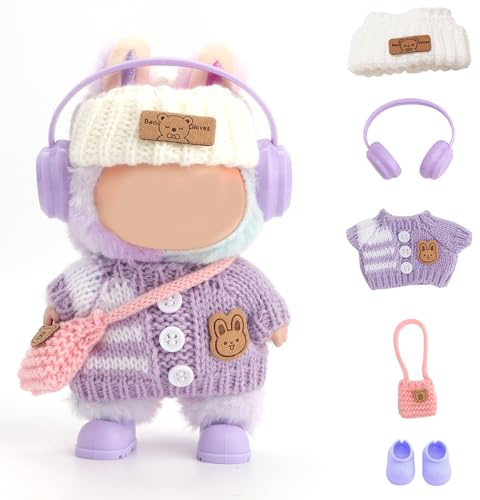 FIDWALL Vestiti per bambole per Labubu, set da 5 pezzi per bambole da 17cm, abbigliamento all’uncinetto fatto a mano, include fascia lavorata a maglia(bambola non inclusa) (Viola lavanda)