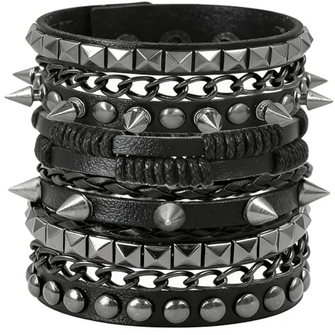 Aufordebatis 4 Pcs Emo Leather Cuff Bracelets Set for Women, Vintage Punk Rock Spiky Stud Wristbands Bangle Alt Grunge Accessories for Men Biker (Dark Studs + Spiked)