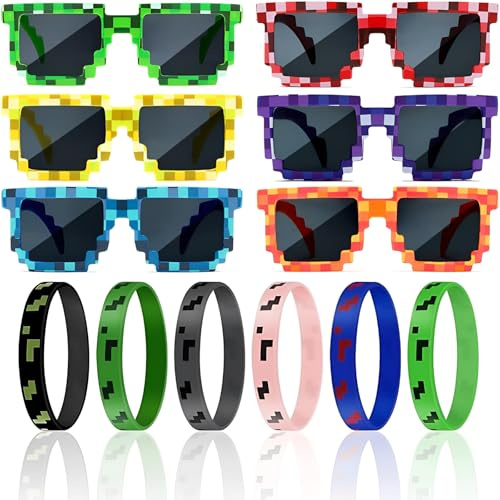 ZingBox 6 Stück Pixel Mosaik Brille mit 6 Armbändern, Bunt Pixelmotiv Sonnenbrillen, Miner Game Armbänder Kinder, Mosaikgläser Brille, Pixel Gamer Geburtstagsdeko Armbänder, Videospiel Partybrille