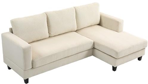 HOMCOM Sofá Chaise Longue, Sofá de 3 Plazas en Forma de L, Tapizado en Pana, Asiento y Respaldo Acolchados, para Salón, 214x134x87 cm, Beige