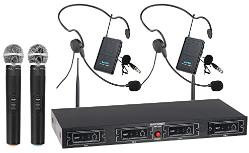 McGrey UHF-2V2H Quad Funkmikrofon Set (4-Kanal UHF-Empfänger, 2 dynamischen Handmikrofone, 2 kompakte Funk-Taschensender mit Gürtelclip, 2 Headsets, Reichweite 50 Meter, Betriebsdauer ca. 8 Stunden)