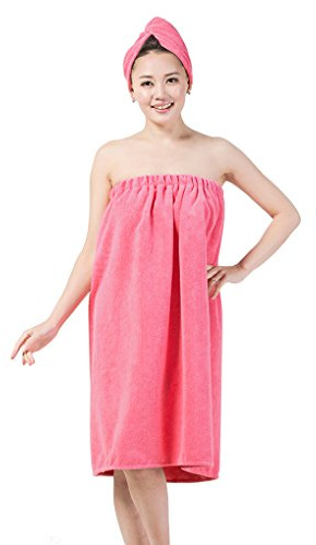 Women Bathrobe Wrap Set Ladies Bath Towel Girl Sleeveless Microfiber Beach Terry Large Towel Absorbent Lightweight Spa Skirt Dressing Gown Cosy Elastic Nightwear+Hair Drying Hat Shower Cap Head Wear