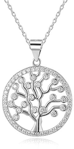 Sterling silver CZ livets träd keltisk klar sten hänge halsband med 18 cm silverkedja och smycken presentförpackning. Kvinnor Yggdrasil Crann Bethadh gåva med silverkedja.