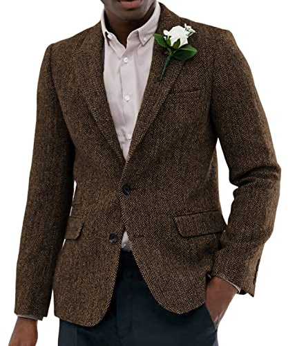 Sakko - Giacca da uomo in lana blazer tweed da donna, vestibilità normale, classica, marrone, L