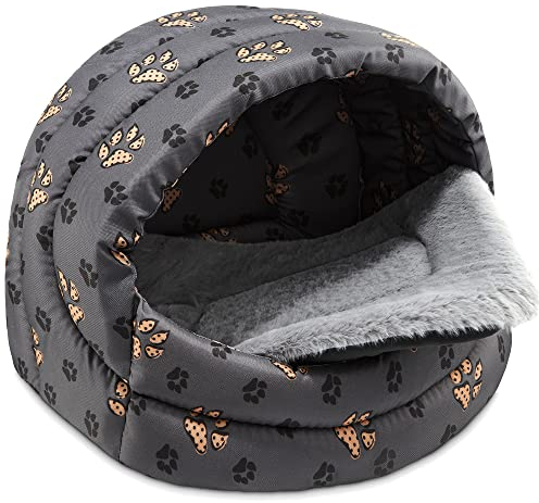 SuperKissen24. Hundehütte Indoor - Hundebett - Hundebox für Kleine Mittlere und Große Hunde und Katzen - Wasserdicht Hundehöhle - Katzenhöhle - 61x45x41 cm - Pfoten Grau
