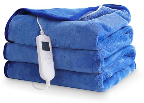 CORIWELL Wärmedecke Heizdecke mit Abschaltautomatik - 180 × 130 cm Flanell Elektrische Wärmedecken, 10 Heizstufen,10 Studen Timer - Waschbar Kuscheldecke fürs Bett mit Überhitzungsschutz - Blau