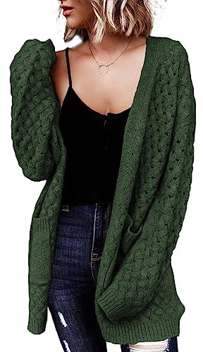 Dokotoo Womens Winter Autumn Fashion Open Front Chunky Cardigan Sweaters for Women Long Sleeve Soft Knitted Casual Cardigans Outwears Pocket Jackets Coats Green Large