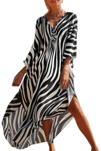 Baynetin Damen Kaftan, Maxi Lange Strandkleid Boho Strandponcho Caftan Beachwear Druck Lose Nachtwäsche Bikini Cover-Up Einheitsgröße (Streifen)