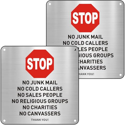 No Junk Mail No Cold Callers Sign Self Adhesive 2 Pack, STOP No Cold Calling Signs Brushed Alu 15x15cm