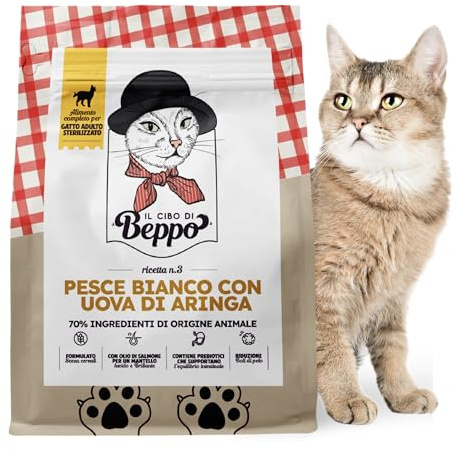 Il Cibo Di Beppo - Cibo Secco Per Gatti Sterilizzati - Crocchette Gatti Sterilizzati Senza Cereali Ipoallergeniche: Grain Free E Senza Glutine - Alimento Completo - 1.5Kg (Pesce Bianco con Caviale)