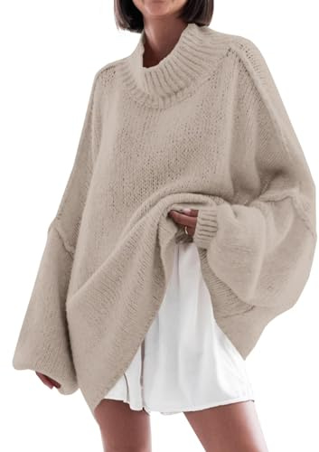 Saodimallsu Womens Oversized Sweaters Mock Neck Batwing Long Sleeve 2026 Fall Trendy Ribbed Knit Casual Tunic Sweater Khaki