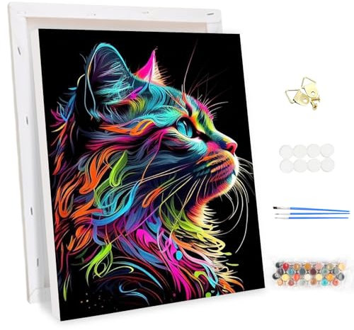 MEIYUDA Malen Nach Zahlen Erwachsene mit Rahmen Bunte Katze, DIY Set Handgemalt Ölgemälde Kit für Anfänger und Erwachsene Mit 3 Pinseln und Acrylfarbe, Geschenke und Home Haus Deko 30x40cm